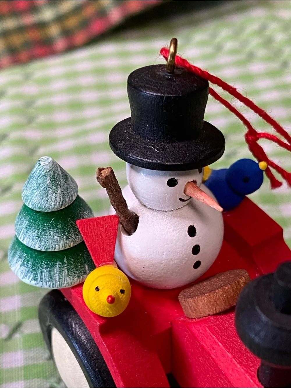 Ulbricht Red Wooden Tractor Ornament with Snowman and Tree (VO)